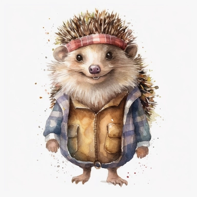 a moving hedgehog dressed up, dressed up, happy smiling face, cute animal, adorable, playful atitude, adorable watercolor animal clipart, no background, high quality and very sharp image with clear focus