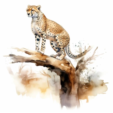 realistic watercolor cheetah standing on a broken tree bunk while watching the area across the land for any danger on solid white background, clipart