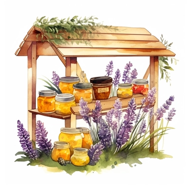 hand drawn honey stand, honey for sale, flowers and grass, shades of yellow and purple, very detailed, very realistic, watercolor, clipart style white background with margins