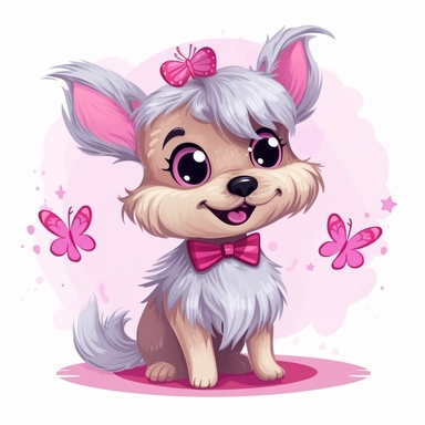 happy playfull fairy doggy, full body, playing, long eyelashes, cartoon character, vector illustration, clipart, 2D, flat style