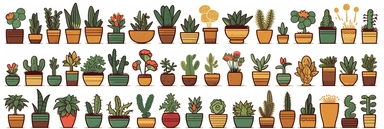 An image in a playful clipart style showcasing a variety of indoor plants in assorted pots. These plants vary in species from towering monstera plants to small, cute succulents, each portrayed with simplistic, yet appealing detail, typical of the clipart style. The pots themselves are an array of colors and designs, adding a dash of vibrancy to the scene. They are scattered across the scene, filling the 3:1 image aspect, each plant adding to the energetic and lively mood of the setting. This ima
