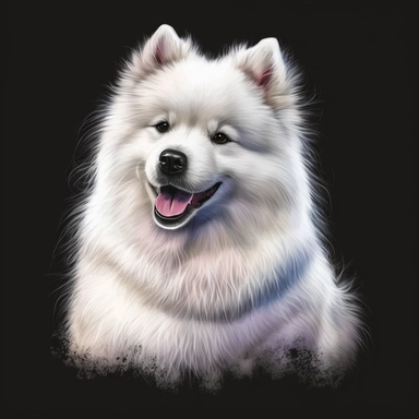 Watercolor clipart on a black background of a fluffy Samoyed puppy, with its white coat and smiling face.