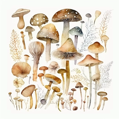 watercolor, mashrooms in pastel beige color, a lot of details, good quality illustration, clipart, white background
