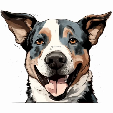 a color drawing of a smiling full face and neck Catahoula Leopard Dog dog peeking paws over a black line, white background, clipart