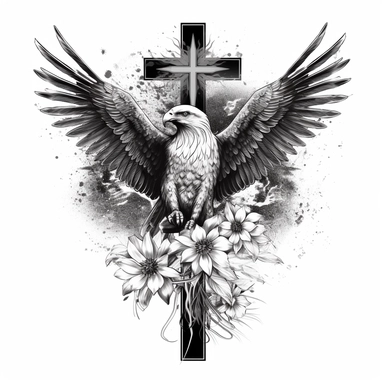 White paper eagle tattoo with black and white shadow with cross and flora, tattoo clipart