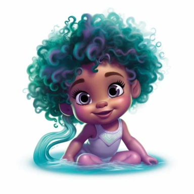 disney little 6 Month old mermaid baby cartoon, clipart, in the style of afro-caribbean with long Silky hair, influence, with playful character design, hyper-realistic water, dark white and light cyan, sparklecore, whimsical kids book illustrator, soggy colors Pink teal and purple , silky curly long hair, - <@1086370240541249700> (fast) silky - <@1086370240541249700> (fast) month old