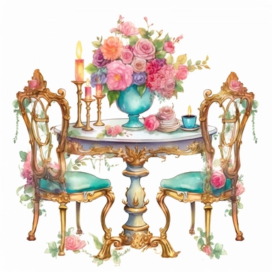 Make a clipart of a fairytale watercolor french country kitchen table, rococo, with bright pastel colors of turquoise and green, pink roses, gold accents, black outlines, hd, white background