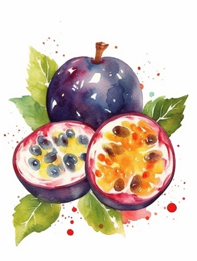 Watercolor clipart set with white background, passion fruit, cute and adorable, flat design, clearly defined separated image, high quality