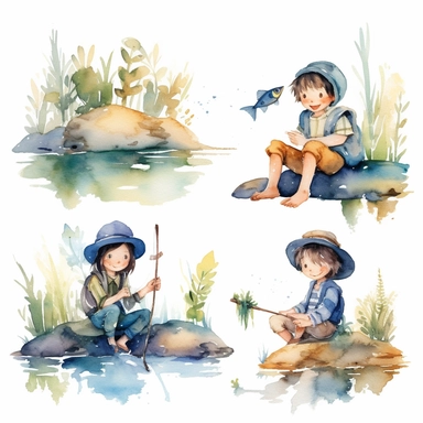 Watercolor boho fishing near a beautiful stream, illustrations clipart set, simple, soft colors, cartoon elements, different variants, cute little boy and girl fishing, separate elements with a margin