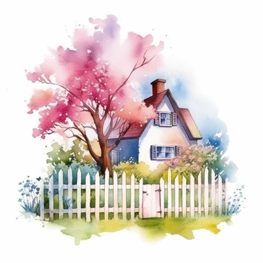 clipart, isolated on white background, beautiful cute Watercolor Spring Cottage - cute little house with fence and chimney, tree and flowers, ornated, vivid and saturated colors
