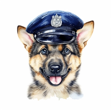 watercolor clipart, vey cute happy german shepherd, in style police officer, Police Badge, Police Uniform, Duty Belt, police Hat or Cap, hyper detailed, bright colors, 300 dpi, 8k, white background, high solution, no watermark
