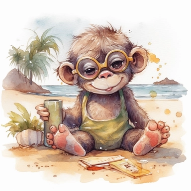 Ape baby with sunglasses playing in the sand on the beach, clipart, watercolor, anime