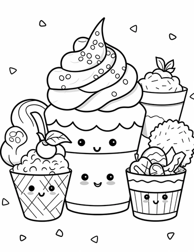 Kawaii Ice Cream with delightful designs and flavors, like blueberry, chocolate chip, and banana For Simple Coloring page,line art, thick lines, black and white,clipart, illustration, on white background,margin Page 10px