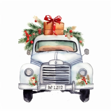white Christmas Truck clipart Decoration on white background, watercolor bright high resolution