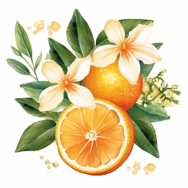 A colorful watercolor orange citrus flower design clipart in PNG format, vector, with a white background and easy to cut out