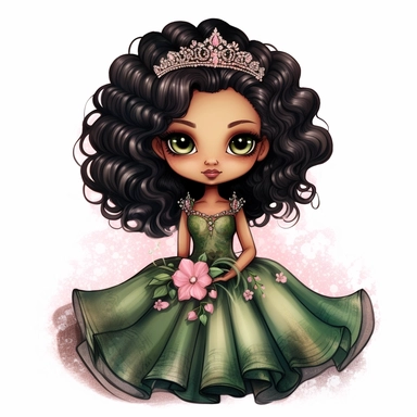 A cute detailed black girl in chibi style, Jasmine Becket - Griffith style, watercolour illustration clipart with real glitter detail, wearing a beautiful pink full length ballgown style dress, the girl has long black hair, the girl has green eyes, full body image, with feet isolated on a white background