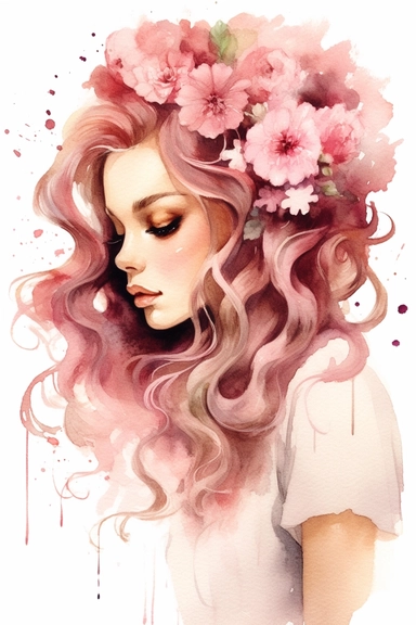 a cute cartoon pretty cute Girl with a high white and pink ligth colored bun and roses sparkling around her profile, long curly hair with mini flowers in head, portrait, daydreaming expression in watercolor form, sarah kay and holly hobbies, clipart, watercolor, smiling, on a white background, daydreaming expression in watercolor form