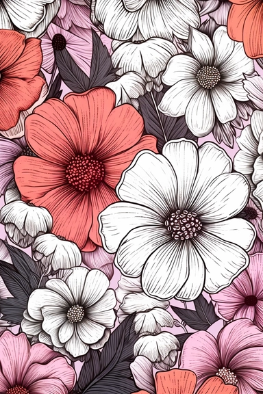 line drawing clipart of flowers in black and white, coloured in
