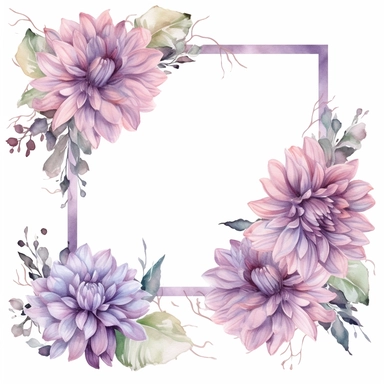 a floral frames made with Soft Purple and Pastel Purple Dahlia flowers, wet on dry watercolour style, antique look, clipart, white background