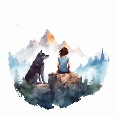 cute young little warrior girl sitting next to her dire wolf looking out at a beautiful mountain landscape, looking to the left, in white background, Watercolor Clipart, NO dripping