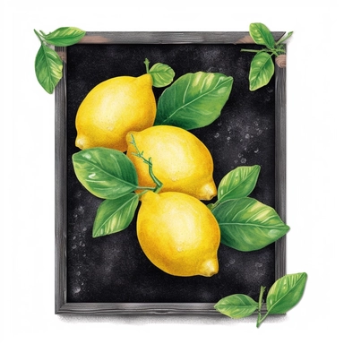 on white background cute and vibrant clipart featuring lemon chalk drawing on chalkboard in watercolor style, hyper realistic photo flat color