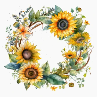 water color sunflower, circle wreath, clipart, flower and leaves, beautiful, detailed, wedding invites, white background