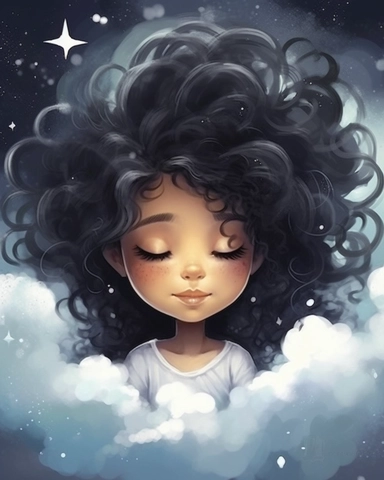 a portrait of a cute black little girl with a luminous dress, eyes shut, mouth closed, long hair, wind, sky, clouds, the moon, moonlight, stars, universe, fireflies, butterflies, watercolor clipart,