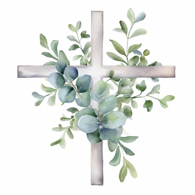 watercolor cross clip art with eucalyptus around it on white background