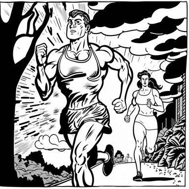 a square image, black and white, comic clipart for colouring books for adults, representing physical exercise, as well as a healthy body and mind