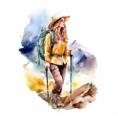 watercolor hiking girl on mountain clipart, isolated on white background