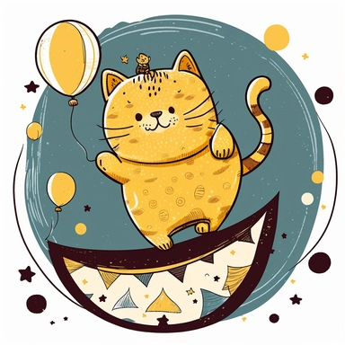 illustration of a cute big cat on the magic carpet, holding yellow balloon, clipart
