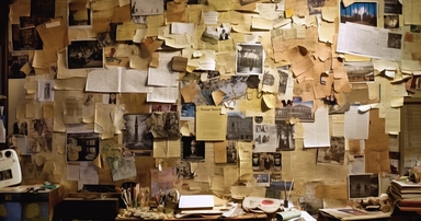 color photo of an Investigation Board full of old and new pictures and notes, close-up of one corner, unorganized, chaotic, messy, cluttered, overwhelming, textured, intricate, complex, detailed, with torn edges, faded colors, scribbles, post-its, lines, arrows, dates, labels, names, faces, maps, charts, graphs, and newspaper clippings — night, dimly lit, with a single lamp casting shadows and highlights on the board — camera settings: Canon EOS 5D Mark IV, Kodak Portra 800 35mm film, Canon EF 5
