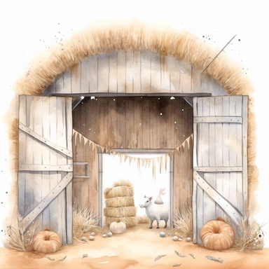A watercolor painting inside a cute old open barn with hay and straw the doors are open in Bethlehem, Christmas, cute detailed digital art, inspired by nicoletta ceccoli, by Kubisi art, whimsical and cute, by nicoletta ceccoli, cute detailed artwork, glimmering, adorable and whimsical, whimsical art, Clipart style, png style, svg style, blank white background, a solid white background