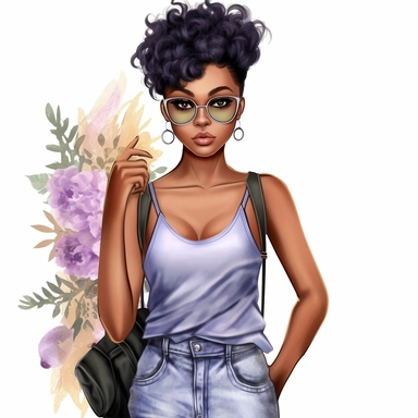 Summer Fashion Girl Clipart, Black Girl Clipart, Black Woman Clipart, Fashion Planner Clipart, African American Beach Fashion Clipart, denim jeans and lavendar blouse, pixie cut hair