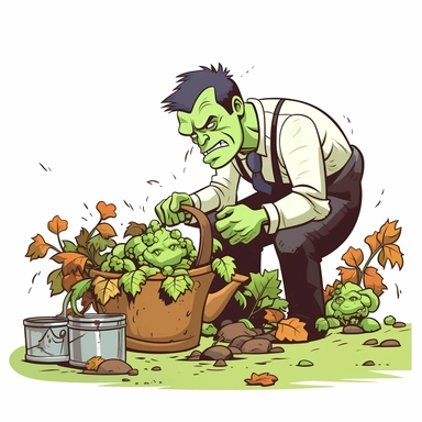 clipart of Frankenstein's monster gardening in the backyard with a white background