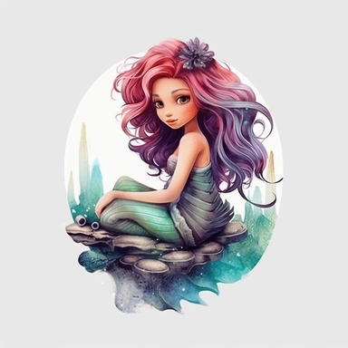 Watercolour animated whimsical beautiful Disney inspired fairytale pastel beautiful baby mermaid with pastel hair and perfect beautiful mermaid tail sat on rock Disney inspired beautifully detailed perfect facial features ultra highly detailed, 18k, sharp focus, bright photo with rich colours digitally enhanced, enhanced graphics, straight, sharp focus, bright lighting, intricate detailed png image ,high definition,300dpi,graphic clipart,computer graphics