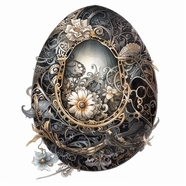 Easter, black egg, steampunk ornamental, only one item, picnic, clipart, white background, watercolor, hyper-realistic, high detail, white background