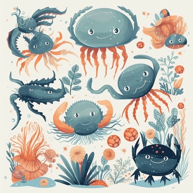 crab Clipart Cute crab, Sea Creature, Ocean Animals, Kids Sea Creatures, crab Nursery Decor, with blue air bubbles and sea anemones and sea plants