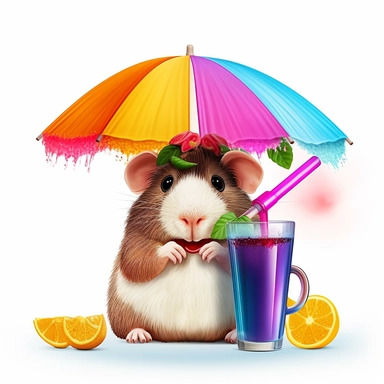 hyper-detailed clipart illustration of a happy Guinea Pig, sitting on a beach chair, wearing sunglasses and sipping a cold drink with a funny hat and a tiny paper umbrella, extreme close-up view, isolated on white background with margins, Studio Ghibli-style,