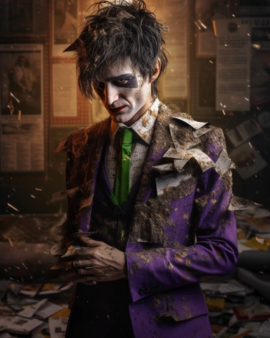 Digital art piece of Joker with gold makeup and black hair, in the style of dadaist photomontage, octane render, kintsugi, devilcore, raw character, dark silver and gold, sony alpha a7 iii. Wearing a gold suit with black accents, a purple shirt, and a gre