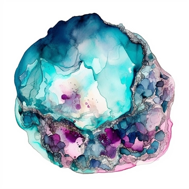 sea glass geode, alcohol ink, shades of aqua blue and pink, glamorous , white background with margins, Clipart style