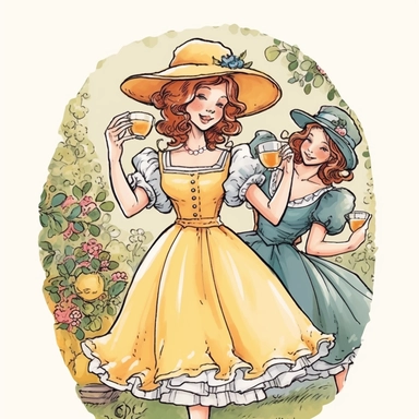storybook, dancing in garden, tea party, debutante, summer time , clipart