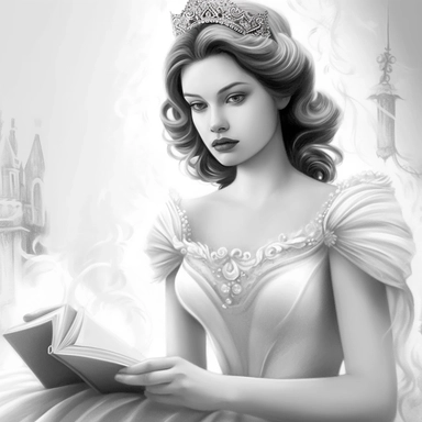 Ladies portrait mixed with colouring book details, white dress, studio light, blurred background, front view, photorealistic, hyper realism art, Face is focus, Sharp details, princess, hyper realism art, shutter speed, Face is focus, Sharp details, simple black and white clip art, Silhouette crisp line coloring page for adults, happy Fantasy Fairy girl on white elegant princess dress, surrounded by tropical flowers and animals,symmetrical head, center of frame, perfect detailed face portrait-fan