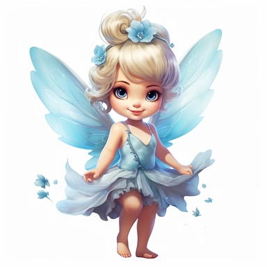 a beautiful happy baby fairy girl, blue flowered dress, blue eyes, highly detailed image, full body image, big wings, pixar style, clipart, white background,