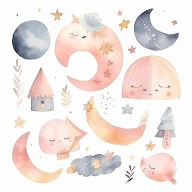 watercolor clipart of cute sweet dreams decor set, half moon sleeping, cute objects, soft watercolor, watercolor paper texture, no background. clear simple shapes.Adorable. High quality