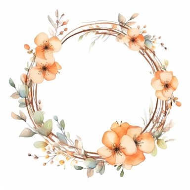watercolor clipart of a empty suttle dainty floral circle frame surrounded by peach color flowers and cream color flowers. Capture the essence of blooming beauty and intricate details in your artwork, white background