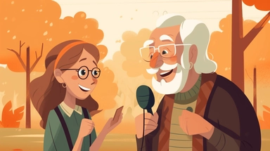 brown wavy haired blue-eyed young girl interviewing an old man in a park with a microphone, sunny weather, imaginative, cute, fun, in the style of Clipart