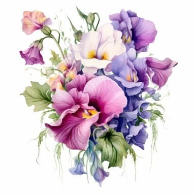 Watercolor realistic with vines floral arrangement Hollyhock, iris, morning glory orchid and peony floral cliparts with white background