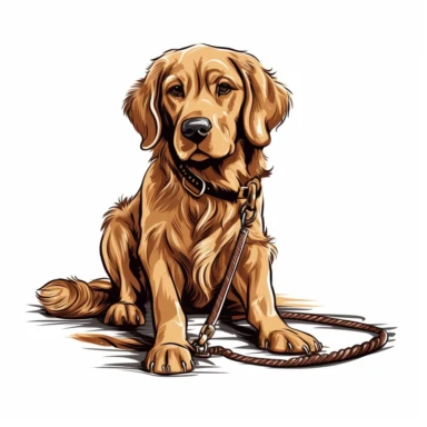 A clipart of a Golden Retriever sitting obediently with a leash in its mouth, ready for a walk, crafted on a white background.
