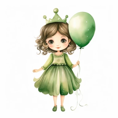 watercolor little princess clipart, green tone colors, big eyes, smiling, lovely, adorable, wearing crown, holding a baloon, full body, on white background